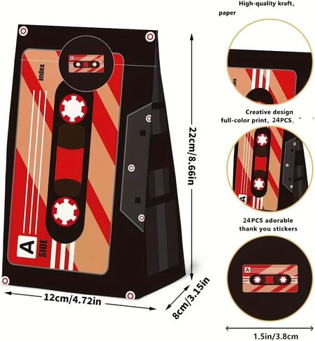 24 Pcs Cassette Tape Theme Goodie Bags with Stickers,70s 80s 90s Themed Birthday Party Favor Bags,Retro Hip Hop Party Gift Bags for Music Theme Decoration Supplies in Saudi Arabia