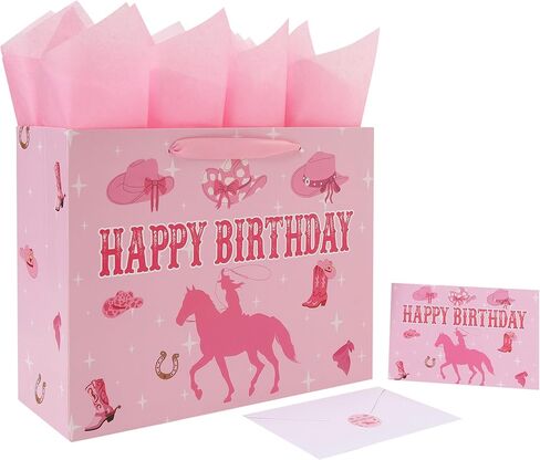 wishinside 13'' Large Cowgirl Birthday Gift Bag Set with Handles, Greeting Card, Pink Tissue Papers and Stickers for Women Girls Kids Teens, Cowgirl Design, 1 Pcs in Saudi Arabia