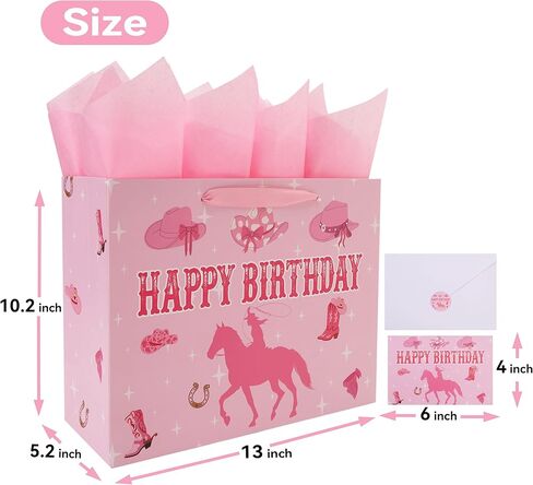 wishinside 13'' Large Cowgirl Birthday Gift Bag Set with Handles, Greeting Card, Pink Tissue Papers and Stickers for Women Girls Kids Teens, Cowgirl Design, 1 Pcs in Saudi Arabia