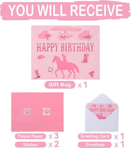 wishinside 13'' Large Cowgirl Birthday Gift Bag Set with Handles, Greeting Card, Pink Tissue Papers and Stickers for Women Girls Kids Teens, Cowgirl Design, 1 Pcs in Saudi Arabia