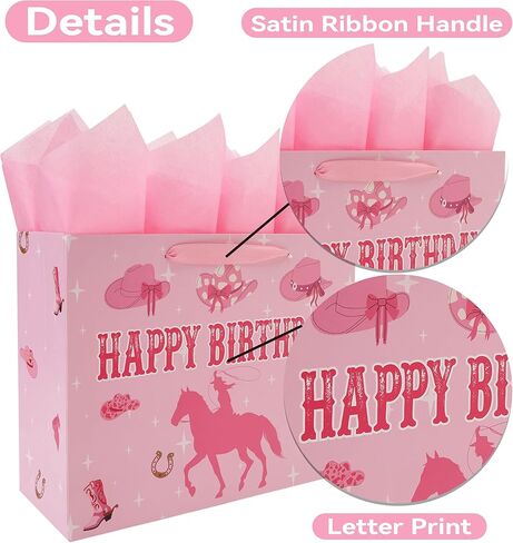 wishinside 13'' Large Cowgirl Birthday Gift Bag Set with Handles, Greeting Card, Pink Tissue Papers and Stickers for Women Girls Kids Teens, Cowgirl Design, 1 Pcs in Saudi Arabia