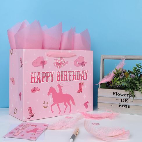 wishinside 13'' Large Cowgirl Birthday Gift Bag Set with Handles, Greeting Card, Pink Tissue Papers and Stickers for Women Girls Kids Teens, Cowgirl Design, 1 Pcs in Saudi Arabia