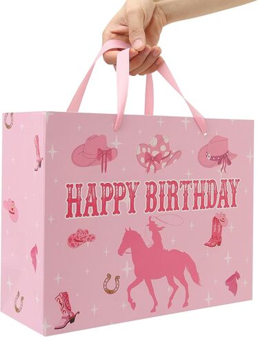 wishinside 13'' Large Cowgirl Birthday Gift Bag Set with Handles, Greeting Card, Pink Tissue Papers and Stickers for Women Girls Kids Teens, Cowgirl Design, 1 Pcs in Saudi Arabia