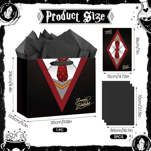Large Wizard School Gift Bag with Wrapping Paper and Card Magical Wizard Birthday Bag with Handles Tie Necktie Birthday Baby Shower Paper Bags for Girls Boys Halloween Party Supplies Decorations in Saudi Arabia