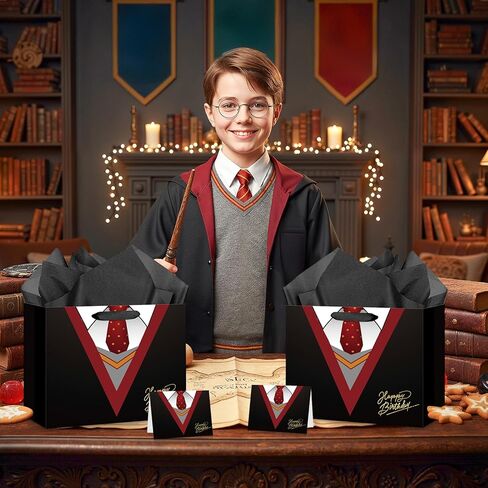 Large Wizard School Gift Bag with Wrapping Paper and Card Magical Wizard Birthday Bag with Handles Tie Necktie Birthday Baby Shower Paper Bags for Girls Boys Halloween Party Supplies Decorations in Saudi Arabia