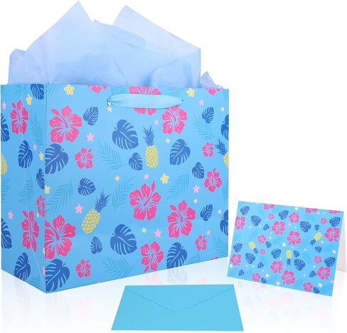 SAVITA Cute Hawaii Gift Bag Set, Blue & Pink Cartoon Party Favors Gift Goodie Bag Set with 3 Tissue Paper Envelopes Greeting Birthday Cards Hawaiian Favor Wrap for Baby Shower Holiday Party Supplies in Saudi Arabia