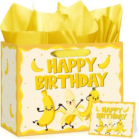 Woosytoo Funny Banana Birthday Gift Bag for Kids Baby Cartoon Banana Themed Birthday Wrapping Paper Bag with Greeting Card for Toddler Fruit Birthday Baby Shower Preschool Classroom Party Decorations in Saudi Arabia
