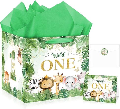 Extra Large Wild One Gift Bag Square Jumbo Wild Animal 1st Birthday Bag for Baby Boys with Wrapping Paper Card Sticker Envelope Jungle First Birthday Safari One Year Old Party Favors Decorations in Saudi Arabia