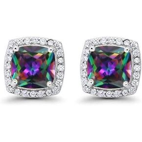 Paris Jewelry 18k White Gold Plated 4 Ct Created Halo Princess Cut Mystic Topaz Stud Earrings