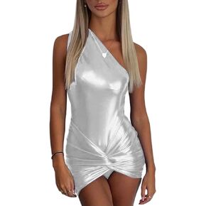 Women Sexy Metallic Leather One Shoulder Mini Dress 2 Piece Sleeveless Ruched Bodycon Party Club Dress