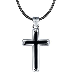 J.Endéar قلادة الصليب الأسود للنساء، سلسلة جلدية قلادة مع قلادة الصليب الفضة الاسترليني 925، الإيمان الصليب مجوهرات المسيحية هدايا المعمودية للفتيات in Kuwait