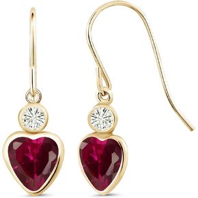 14K Yellow Gold Red Created Ruby and White Moissanite from Charles & Colvard French Wire Dangle Hook Earrings For Women (2.12 Cttw, Gemstone July Birthstone, Heart 6MM, Round 3MM)