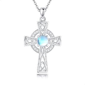 Celtic Cross Necklace 925 Sterling Silver Moonstone Celtic Knot Pendant Necklace Irish Celtic Jewelry Birthday Gifts for Women Girls Mother