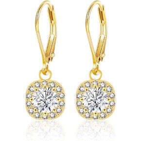 ALEXCRAFT Sterling Silver Round/Square Halo Drop Dangle Earrings for Women, 14K Gold Cubic Zirconia Leverback Dangle Earrings Lightweight Jewelry Gifts for Wedding Bridal
