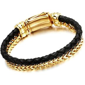 COOLSTEELANDBEYOND Mens Stainless Steel Gold Color Square Franco Chain Curb Chain and Black Braided Leather Bracelet