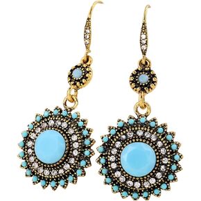 Vintage Round Blue Sapphire Sunflowers Dangle Earrings, Women's Unique Retro Colorful Ethnic Bohemian Earrings Jewelry for Women Girls