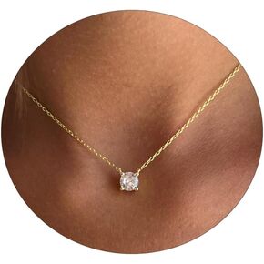 Feskive CZ Diamond Necklace for Women Dainty Square Cubic Zirconia Splints Solitaire Pendant Necklace for women 14kGold/Silver Plated Different Width Square CZ Pendant Necklaces Simulated Diamond Bridesmaid Jewelry for Women