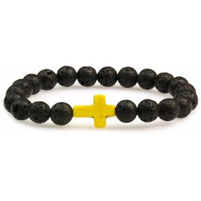 FORUBUS 2Pcs Lava Rock Stone Beaded Bracelet, Cross Charm Natural Volcanic Stone beads Turquoise Stretch Bracelet for Women Men Religion Jewelry Pray Baptism Gift