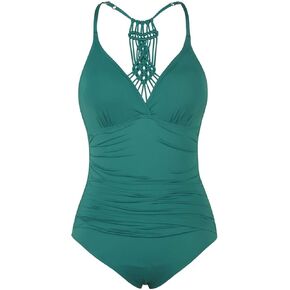 Firpearl Women's Tummy Control One Piece Bathing Suits V Neck Swimsuits Hand-Braid Macrame Ruched Slimming Swimwear