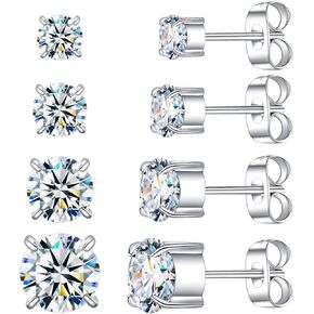 4 Pairs Stud Earrings Set, Hypoallergenic Cubic Zirconia Earrings 316L Stainless Steel CZ Earrings for Women Men 3-6mm
