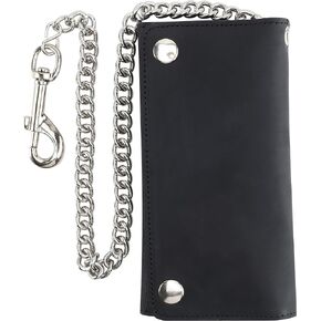 Men's Tri-fold Vintage Long Style Cow Top Grain Leather Steel Chain Wallet,Made In USA,Snap closure,ab339,Antique-brown