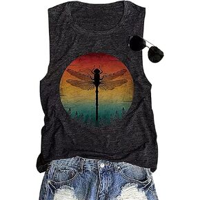 Dragonfly Sunset Tshirt for Women Retro Sunset Graphic T Shirt Cute Dragonfly Tee Shirts Summer Short Sleeve Top Shirt