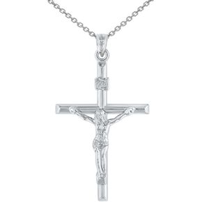 Jewelry America 14K White Gold INRI Crucifix Tubular Simple Polished Cross Pendant Necklace