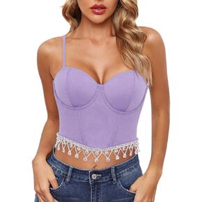 Women’s Sparkling Rhinestone Fringe Corset Top Spaghetti Spaghetti Strap Slim Fit Tank Top Clubwear