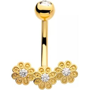 Pierced Owl 14GA Gold PVD 316L Stainless Steel Triple CZ Crystal Flower Cluster Belly Button Ring