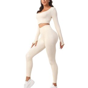 COZYEASE Women's 2 Piece Outfits Seamless High Stretch Thumb Holes Crop Sports Tee and High Waist Leggings