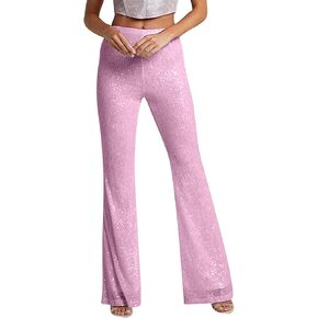 سراويل Culeze النسائية اللامعة ذات الترتر المتوهج عالية الخصر ذات الجرس السفلي سراويل واسعة الساق سراويل كلوبوير in Kuwait