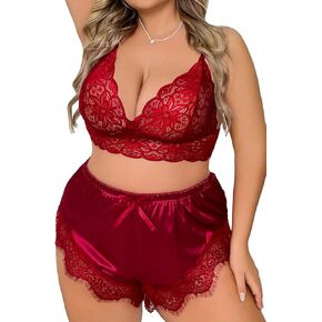 WDIRARA Women's Plus Size Floral Print Satin Lace Sleepwear Bra and Shorts Lingerie Set