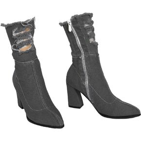 Pradize Denim Calf Heeled Boots - Block heels - Ripped