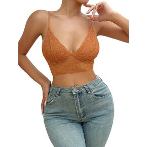 WDIRARA Women's Floral Lace V Neck Mesh Bralette Wireless Bra Crop Cami Top