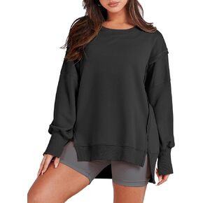 Women's Oversized Round Neck Sweatshirt Long Sleeve Casual Sweatshirt Slit Top