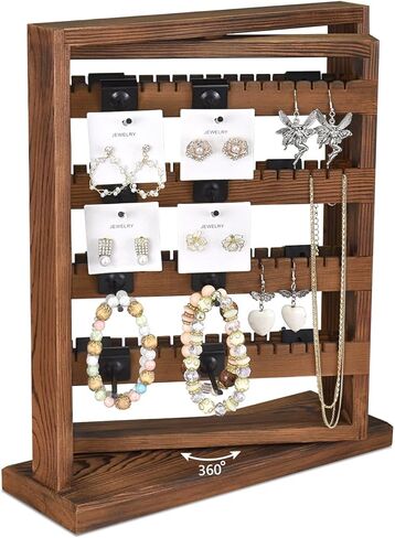 رف عرض مجوهرات دوار خشبي على الوجهين من Ikee Design مع 136 أخاديد و16 خطافًا معدنيًا قابلاً للإزالة للقلائد والأساور وسلاسل المفاتيح وحامل عرض الأقراط للبائعين، لون بني in Kuwait