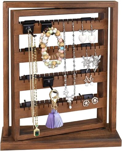 رف عرض مجوهرات دوار خشبي على الوجهين من Ikee Design مع 136 أخاديد و16 خطافًا معدنيًا قابلاً للإزالة للقلائد والأساور وسلاسل المفاتيح وحامل عرض الأقراط للبائعين، لون بني in Kuwait