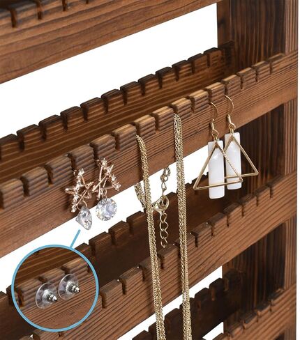 رف عرض مجوهرات دوار خشبي على الوجهين من Ikee Design مع 136 أخاديد و16 خطافًا معدنيًا قابلاً للإزالة للقلائد والأساور وسلاسل المفاتيح وحامل عرض الأقراط للبائعين، لون بني in Kuwait