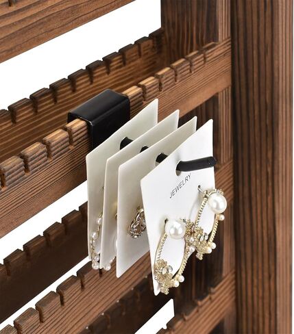 رف عرض مجوهرات دوار خشبي على الوجهين من Ikee Design مع 136 أخاديد و16 خطافًا معدنيًا قابلاً للإزالة للقلائد والأساور وسلاسل المفاتيح وحامل عرض الأقراط للبائعين، لون بني in Kuwait