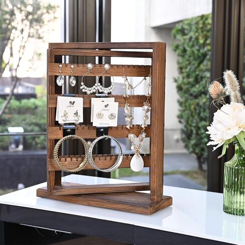 رف عرض مجوهرات دوار خشبي على الوجهين من Ikee Design مع 136 أخاديد و16 خطافًا معدنيًا قابلاً للإزالة للقلائد والأساور وسلاسل المفاتيح وحامل عرض الأقراط للبائعين، لون بني in Kuwait