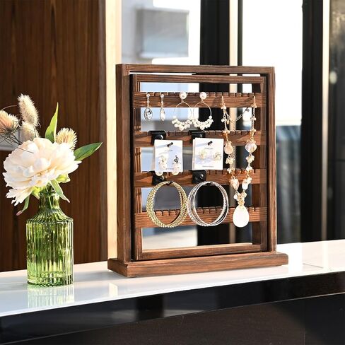 رف عرض مجوهرات دوار خشبي على الوجهين من Ikee Design مع 136 أخاديد و16 خطافًا معدنيًا قابلاً للإزالة للقلائد والأساور وسلاسل المفاتيح وحامل عرض الأقراط للبائعين، لون بني in Kuwait