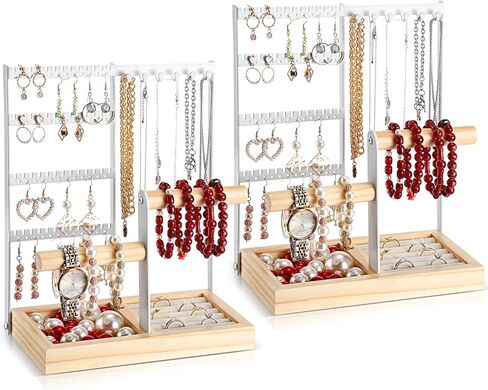 2 Pcs Jewelry Holder Organizer, 4 Tier Jewelry Organizer with Earring Organizer Necklace Holder Bracelet Ring Holder and Wood Box Jewelry Organizer Holder Stand for Women Girl Room Decor, White in Saudi Arabia