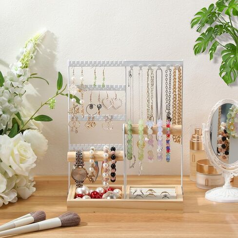 2 Pcs Jewelry Holder Organizer, 4 Tier Jewelry Organizer with Earring Organizer Necklace Holder Bracelet Ring Holder and Wood Box Jewelry Organizer Holder Stand for Women Girl Room Decor, White in Saudi Arabia