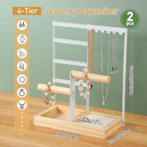 2 Pcs Jewelry Holder Organizer, 4 Tier Jewelry Organizer with Earring Organizer Necklace Holder Bracelet Ring Holder and Wood Box Jewelry Organizer Holder Stand for Women Girl Room Decor, White in Saudi Arabia