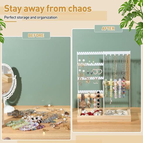 2 Pcs Jewelry Holder Organizer, 4 Tier Jewelry Organizer with Earring Organizer Necklace Holder Bracelet Ring Holder and Wood Box Jewelry Organizer Holder Stand for Women Girl Room Decor, White in Saudi Arabia