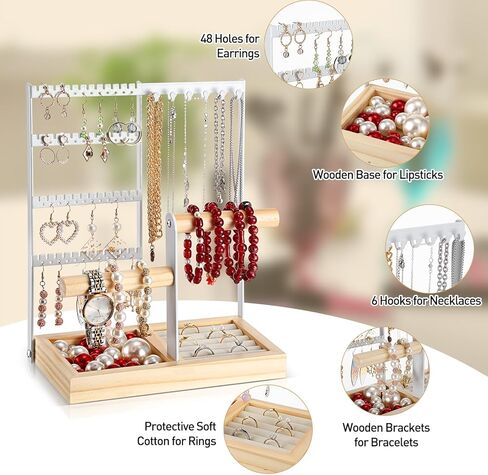 2 Pcs Jewelry Holder Organizer, 4 Tier Jewelry Organizer with Earring Organizer Necklace Holder Bracelet Ring Holder and Wood Box Jewelry Organizer Holder Stand for Women Girl Room Decor, White in Saudi Arabia