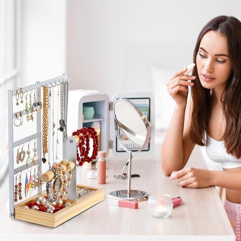 2 Pcs Jewelry Holder Organizer, 4 Tier Jewelry Organizer with Earring Organizer Necklace Holder Bracelet Ring Holder and Wood Box Jewelry Organizer Holder Stand for Women Girl Room Decor, White in Saudi Arabia