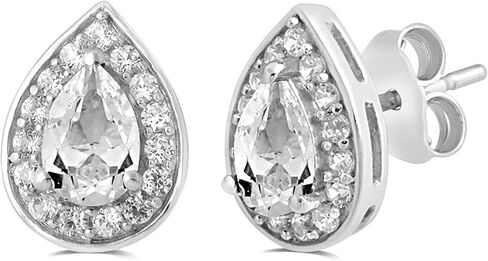 Jewelili Sterling Silver 6x4 MM Pear and Round Created White Sapphire Drop Shape Stud Earrings in Saudi Arabia