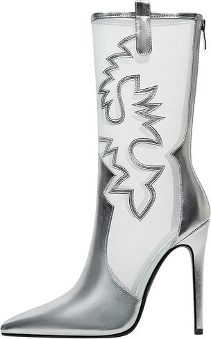 Womens Back Zipper High Heels Pointed Toe Faux leather Mesh Embroider Booties Stiletto heels Summer boots Ladies Thin Heels metal silver shoes in Kuwait