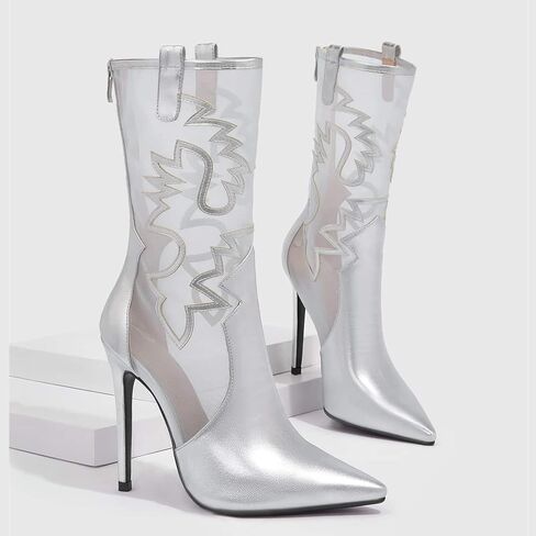 Womens Back Zipper High Heels Pointed Toe Faux leather Mesh Embroider Booties Stiletto heels Summer boots Ladies Thin Heels metal silver shoes in Kuwait